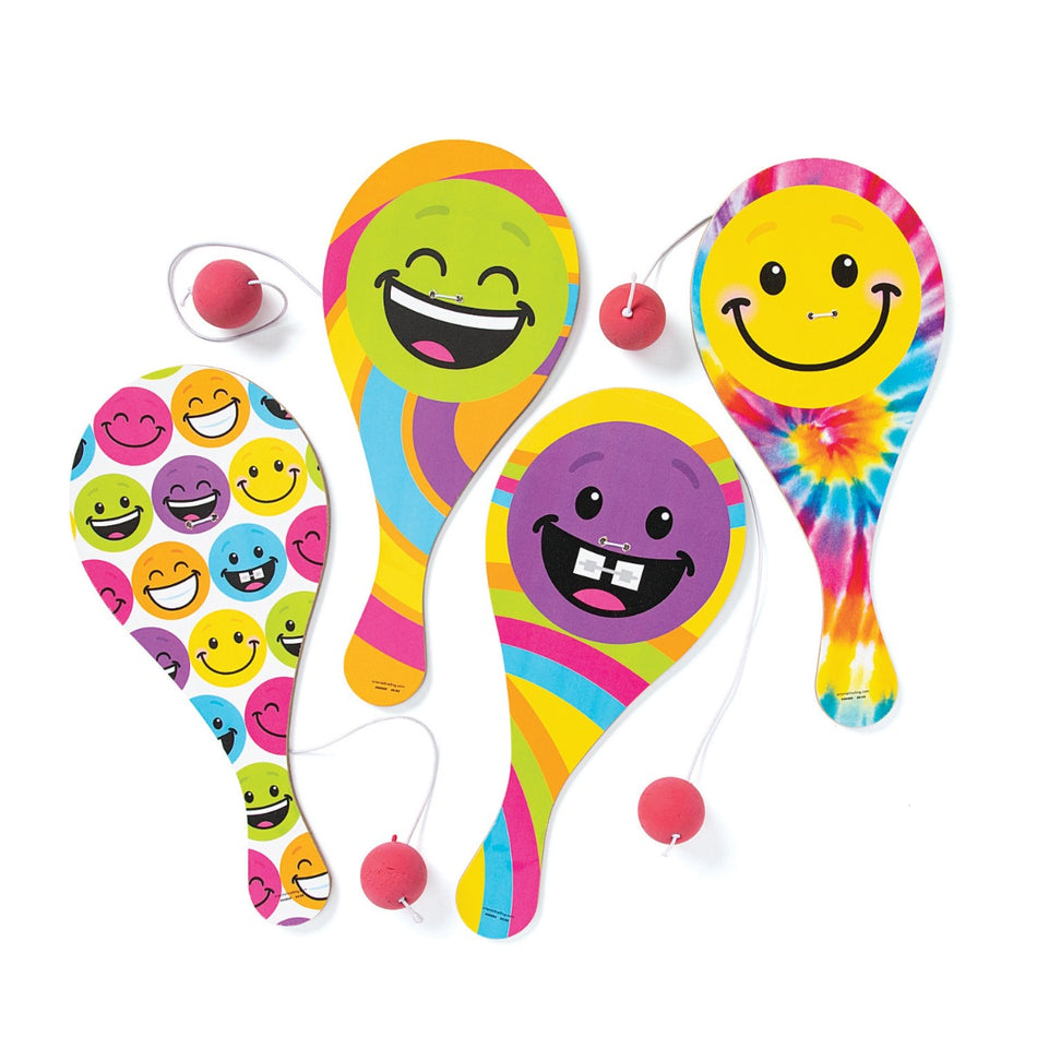 Colorful Smile Face Paddle Ball Games (Wood) - 12/pkg
