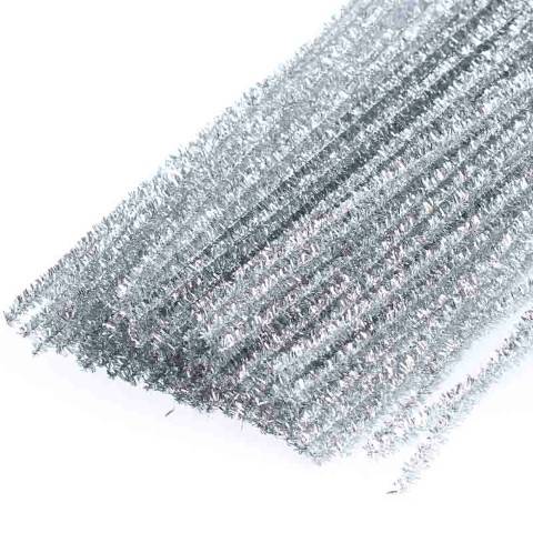 Metallic Sparkle Tinsel Stems - Silver-12 Inch x 6mm 25-Piece