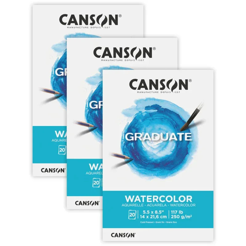 Graduate Watercolor Pad, Foldover Binding, 20 Sheet, 5.5x8.5 inch, Pack of 3