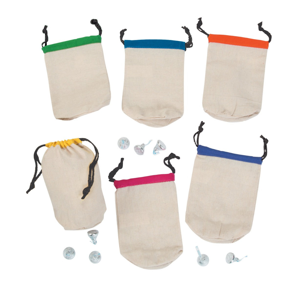 Small Canvas Drawstring Bags with Bright Trim To Decorate - 12/Pack