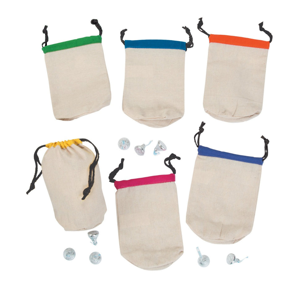 Small Canvas Drawstring Bags with Bright Trim To Decorate - 12/Pack