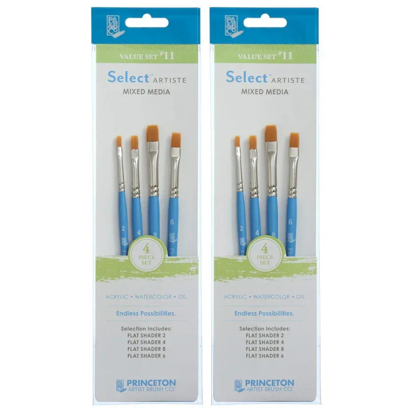 Select Artiste Brush Set No. 11, Synthetic Bristles, Short Handle Mixed Media Paintbrush, Jewel Blue, 4 Per Set, 2 Sets