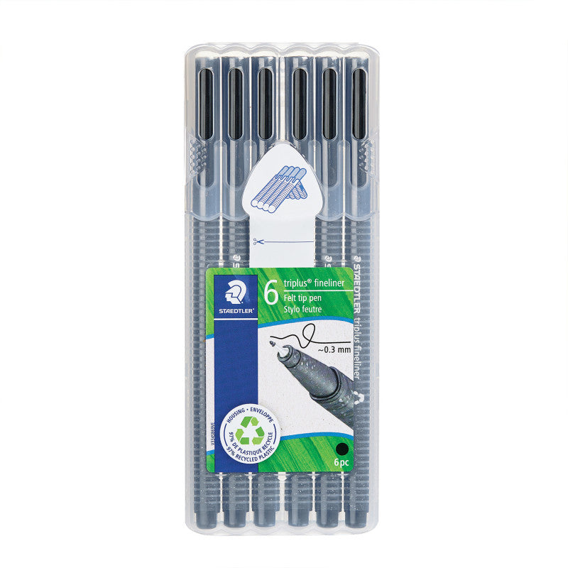 TriplusÂ® Fineliner Pens, Superfine 0.3 mm, Black, Pack of 6