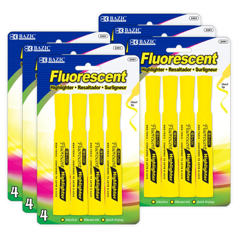 Desk Style Fluorescent Highlighters, Yellow, 4 Per Pack, 6 Packs