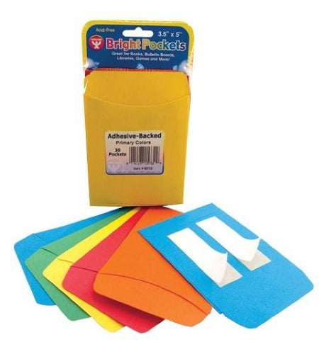 Hygloss Self-Adhesive Bright Library Pocket - Assorted Colors, Pack of 30