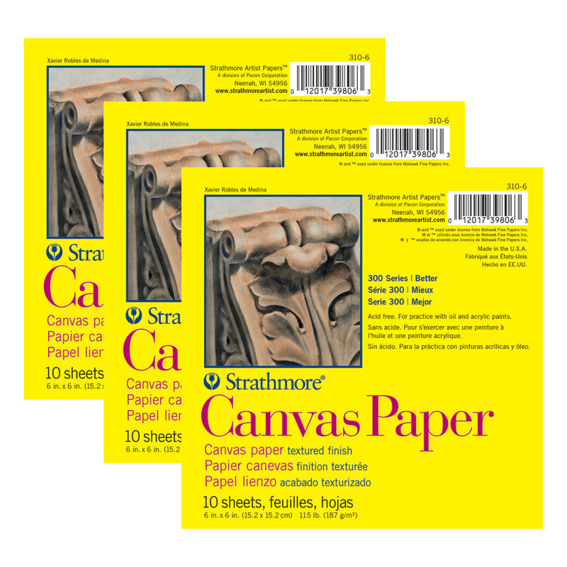 300 Series Canvas Paper Pad, 6" x 6", 10 Sheets, Pack of 3