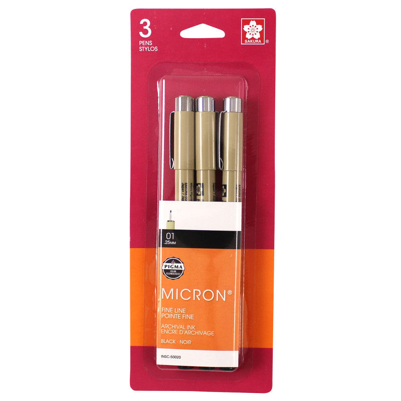 Pigma Micron Pens, Size 01 Fine Point, Black, 3-Pack, Blister Pack