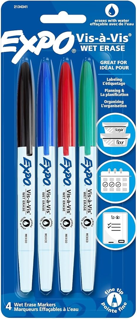 EXPO Vis-A-Vis Wet-Erase Overhead Transparency Markers, Fine Point, Assorted Colors, 4-Count, 16074