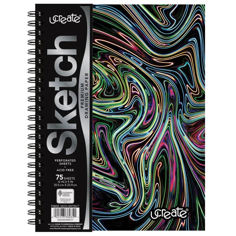 Fashion Poly Sketch Book, 9" x 12", 75 Sheets, Neon Abstract Design