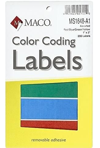 MACO ASSORTED COLORS Rectangle Color Coding Labels, 1 x 3 Inches, 200 Per Box (MS1648-A1)