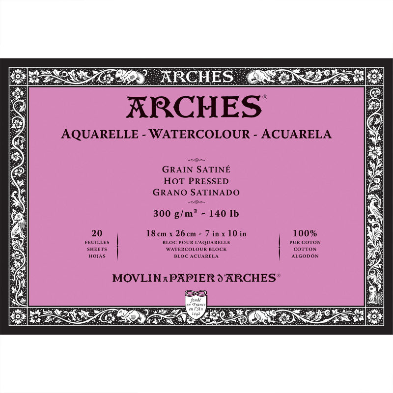 Aquarelle Watercolor Paper Block, Hot Press, Natural White, 140lb/300gsm, 20 Sheet, 7x10 inch, 1 Count