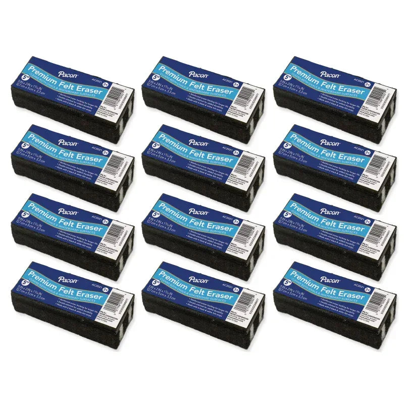 Chalk & Whiteboard Eraser, Premium, 6 Black & White Felt Strips, Double-Stitched, Reinforced Backing, 5", Pack of 12
