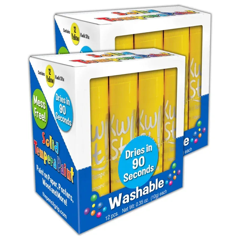 Solid Tempera Paint Sticks, Single Color Pack, Yellow, 12 Per Pack, 2 Packs