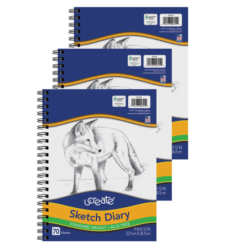 Sketch Diary, Standard Weight, 12" x 9", 70 Sheets, Pack of 3