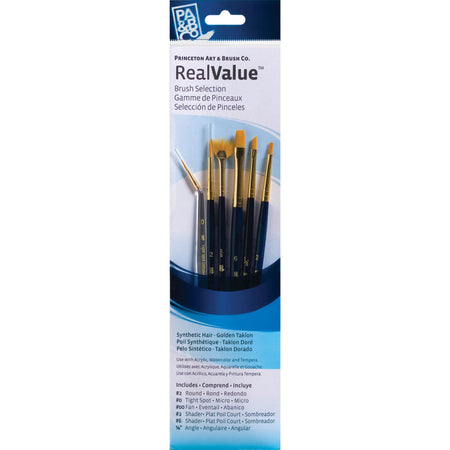 RealValue Brush Set, Gold Taklon Bristles, Short Handle Mixed Media Paintbrush, Dark Blue, 6 Pieces