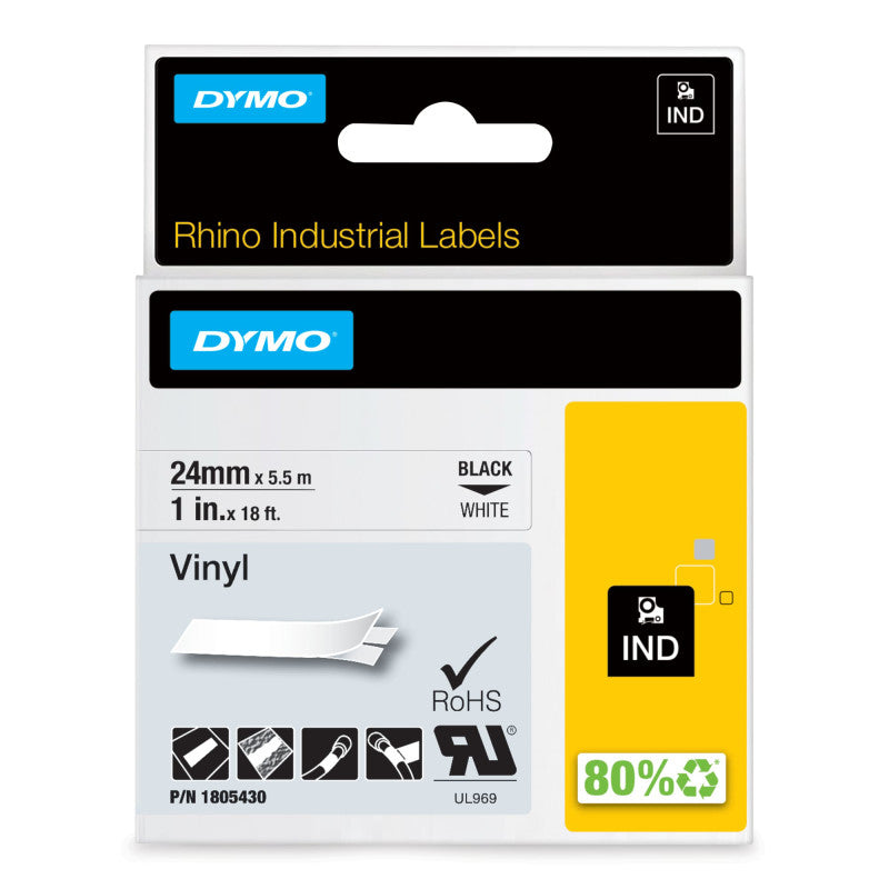 DYMOÂ® Rhino Industrial Vinyl Labels, 1", Black Print on White Tape