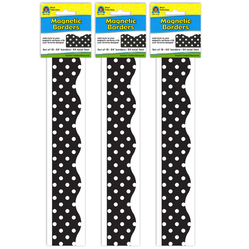 Magnetic Borders, Black Polka Dots, 24 Feet Per Pack, 3 Packs