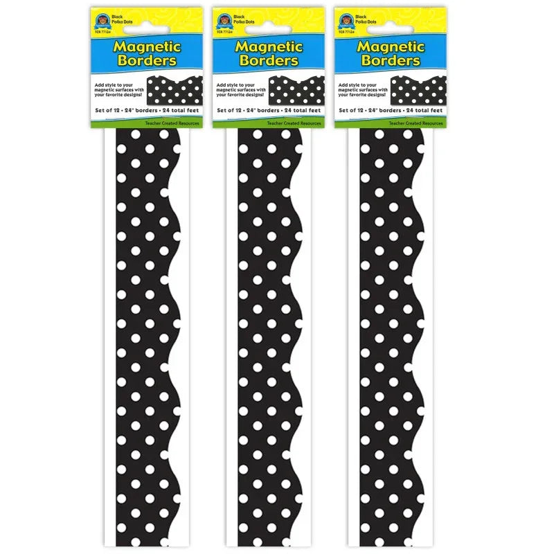 Magnetic Borders, Black Polka Dots, 24 Feet Per Pack, 3 Packs