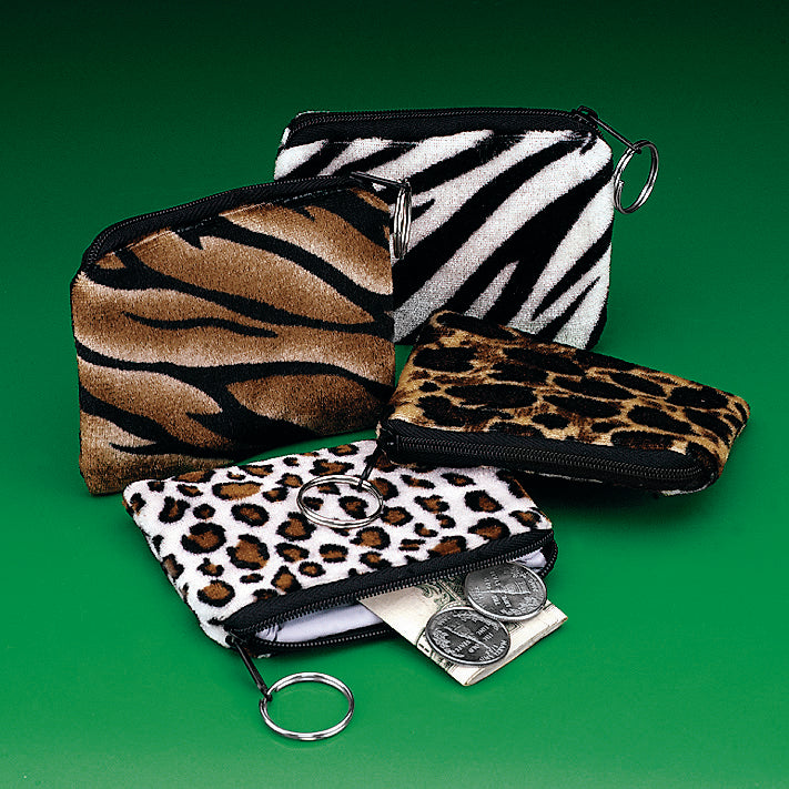 Plush Safari Print Coin Purse Keychains 12/PKG