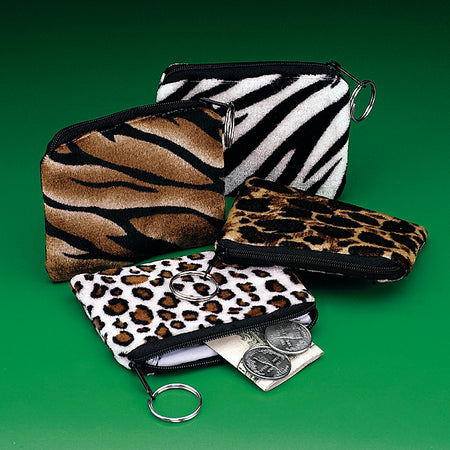 Plush Safari Print Coin Purse Keychains 12/PKG