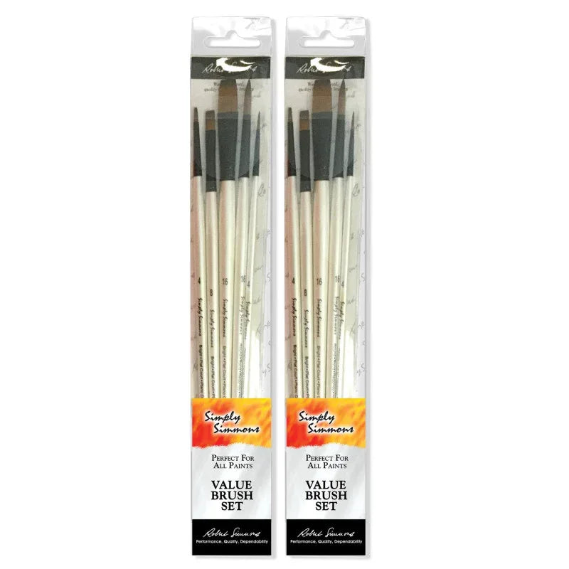 Simply Simmons Brush Set, Synthetic Bristles, Long Handle Acrylic & Oil Paintbrush, White, 5 Pieces Per Set, 2 Sets