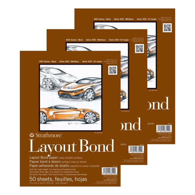 400 Series Layout Paper Pad, Glue Binding, 50 Sheet, 9x12 inch, 1 Count, Pack of 3
