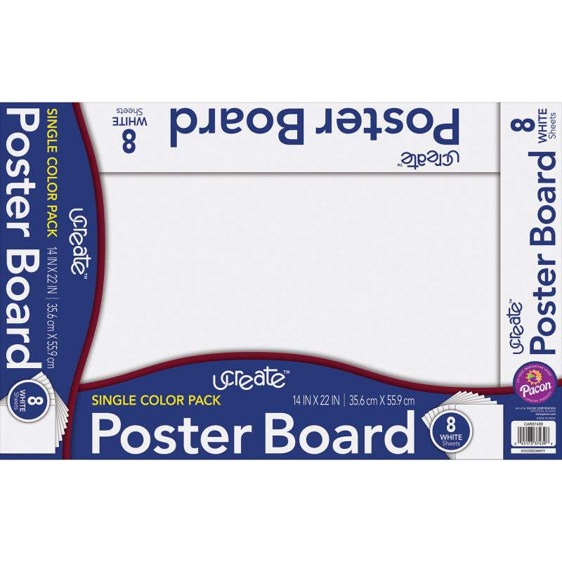 Poster Board, White, 14" x 22", 8 Sheets/Pack, Carton of 24 Packs