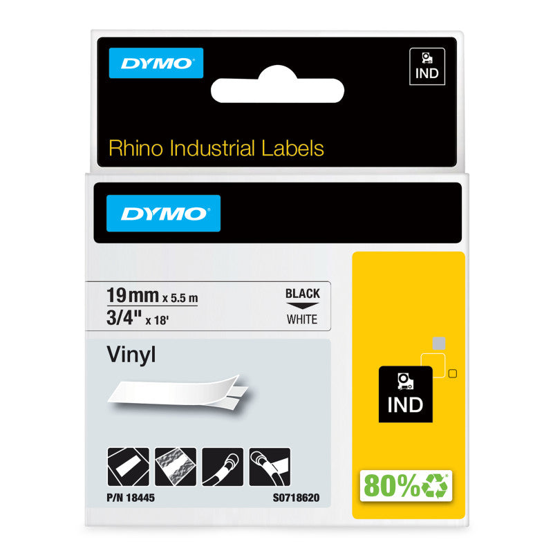 DYMOÂ® Rhino Industrial Vinyl Labels, 3/4", Black Print on White Tape