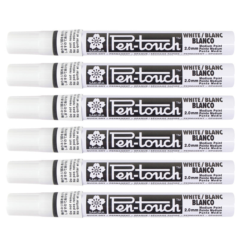 Pen-Touch Markers, 2.0mm Medium, White, Pack of 6