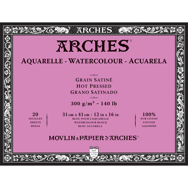 Arches Aquarelle Watercolor Paper Block, Hot Press, Natural White, 140lb/300gsm, 20 Sheet, 12x16 inch, 1 Count