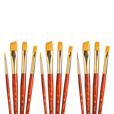 RealValue Brush Set, Gold Taklon Bristles, Short Handle Mixed Media Paintbrush, Red, 4 Per Set, 3 Sets