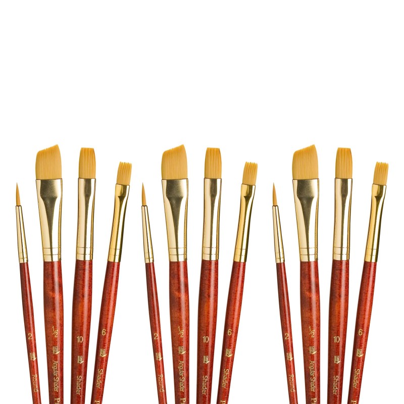 RealValue Brush Set, Gold Taklon Bristles, Short Handle Mixed Media Paintbrush, Red, 4 Per Set, 3 Sets