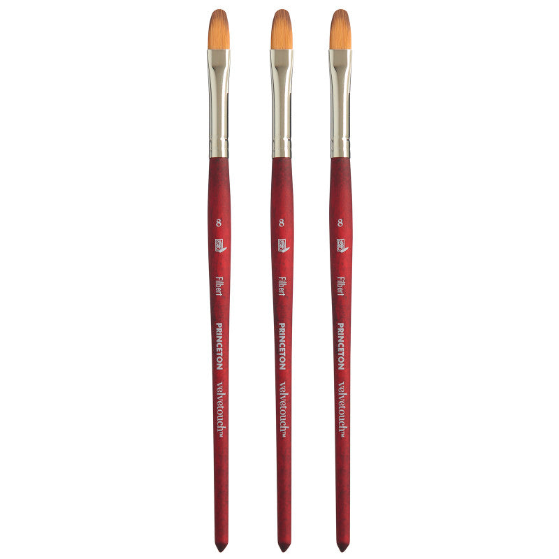 Velvetouch Filbert Brush, Synthetic Bristles, Short Handle Mixed Media Paintbrush, Scarlet, Size 8, Pack of 3