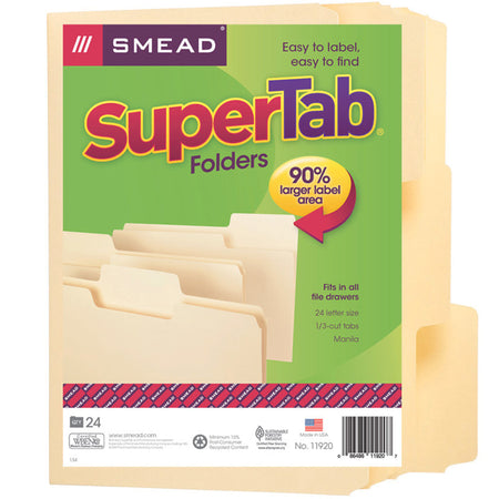 SuperTab&reg; File Folder, Oversized 1/3-Cut Tab, Letter Size, Manila, Pack of 24