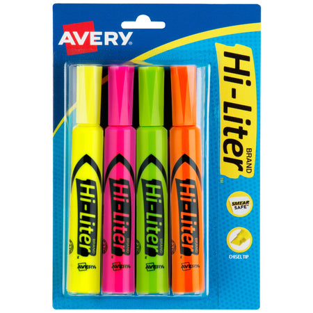Hi-Liter&reg; Desk-Style Highlighters, Assorted Colors, Smear Safe&trade;, Nontoxic, 4 Highlighters