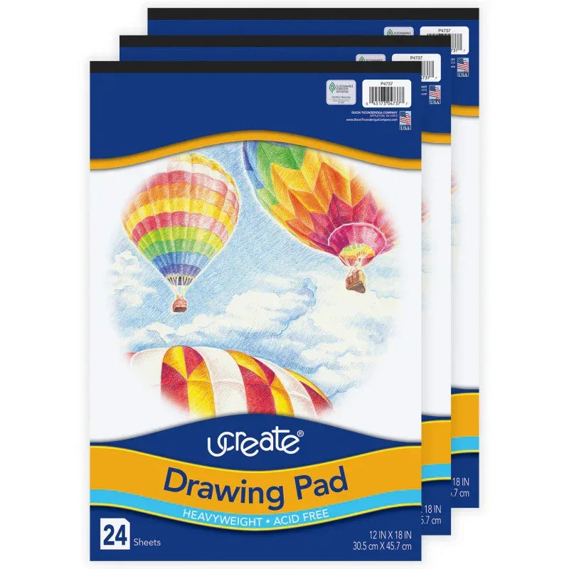 Drawing Paper Pad, Heavyweight, 12" x 18", 24 Sheets, Pack of 3
