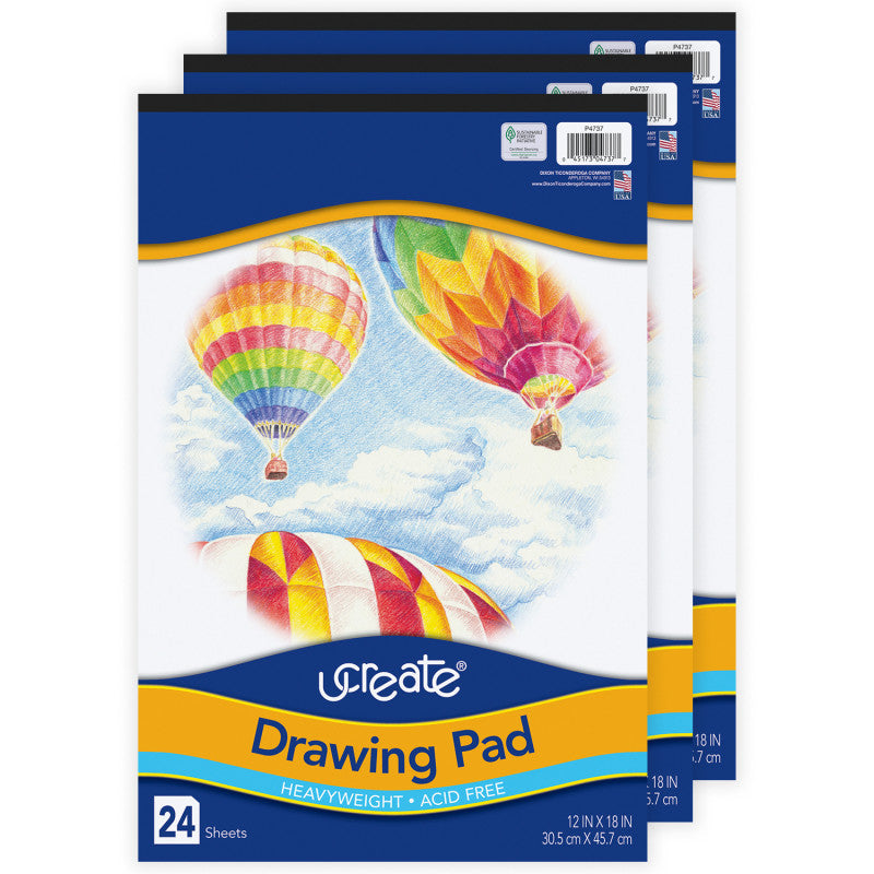 Drawing Paper Pad, Heavyweight, 12" x 18", 24 Sheets, Pack of 3