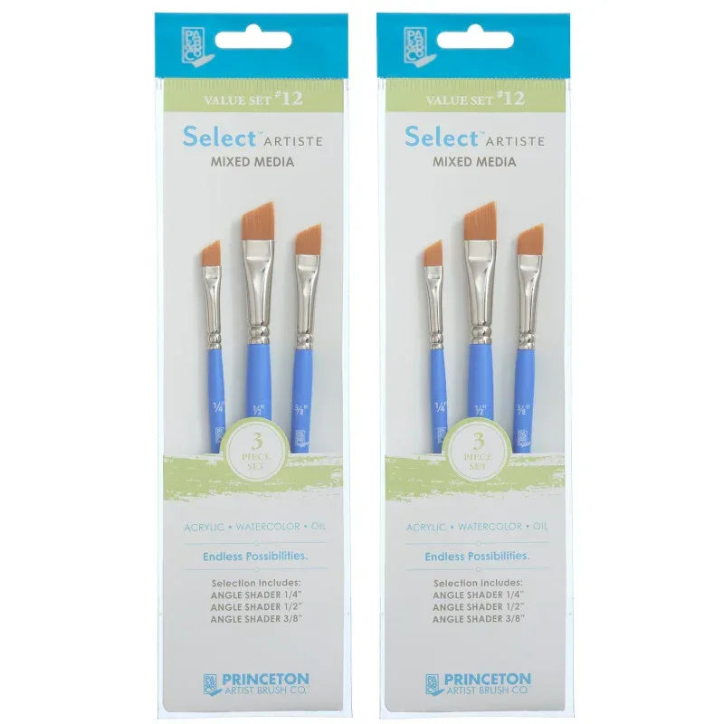 Select Artiste Brush Set No. 12, Synthetic Bristles, Short Handle Mixed Media Paintbrush, Jewel Blue, 3 Per Set, 2 Sets
