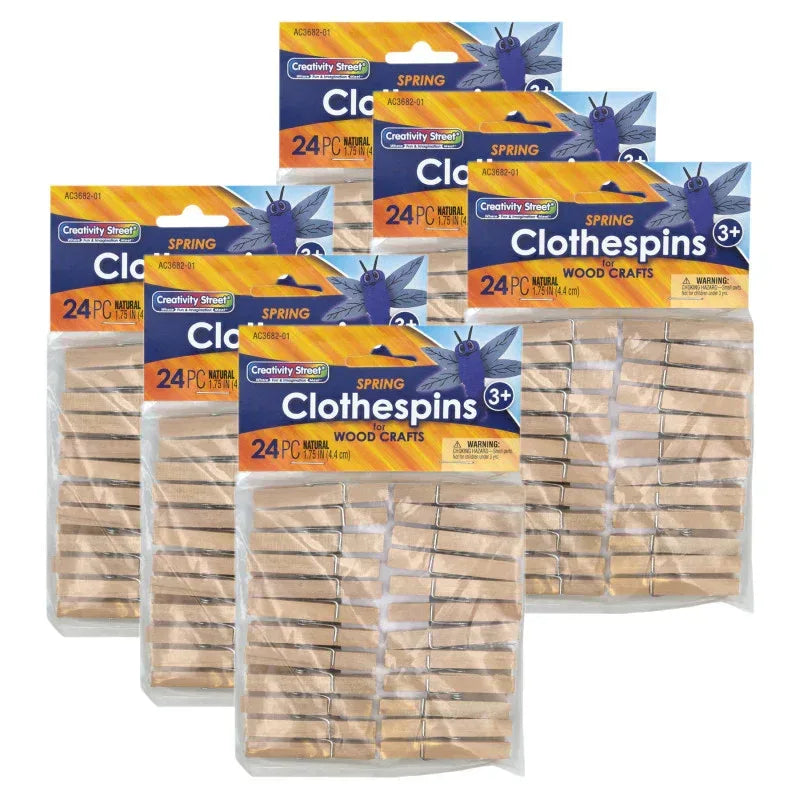 Spring Clothespins, Natural, 1.75", 24 Per Pack, 6 Packs