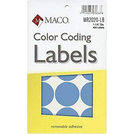 MACO Light Blue Round Color Coding Labels, 1-1/4 Inches in Diameter, 400 Per Box MR2020-LB