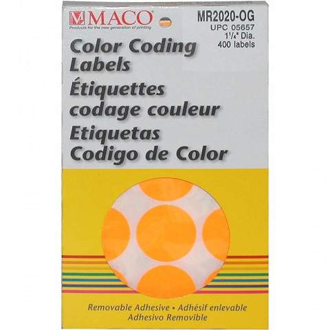 MACO Neon Orange Round Color Coding Labels, 1-1/4 Inches in Diameter, 400 Per Box MR2020-OG