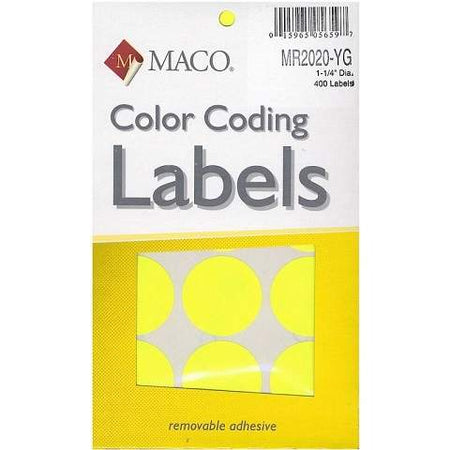 MACO Neon Yellow Round Color Coding Labels, 1-1/4 Inches in Diameter, 400 Per Box MR2020-YG