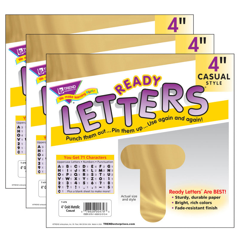 Gold Metallic 4" Casual Uppercase Ready Letters&reg;, 71 Per Pack, 3 Packs