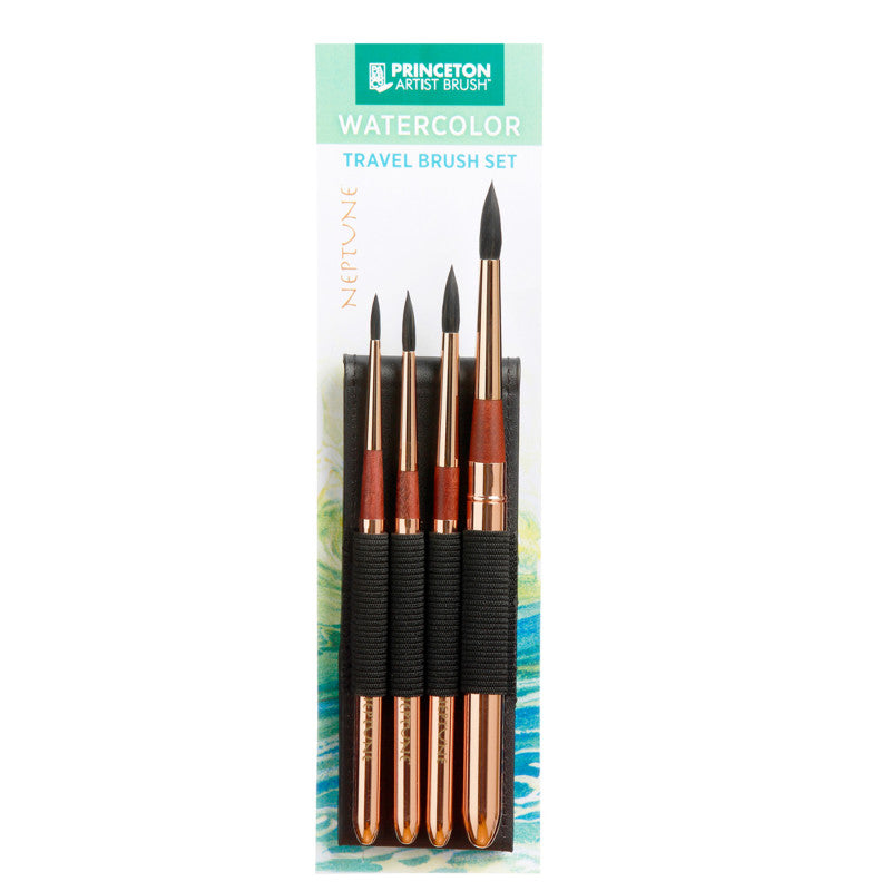 Neptune Watercolor Brush Set, Synthetic Bristles, Short Handle Watercolor Paintbrush, Gold, 4 Pieces