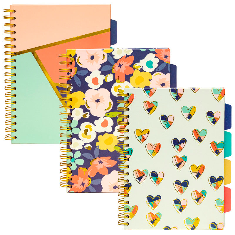 B5 5-Subject Divider Notebooks, 200 Pages, Floral Love, Pack of 3