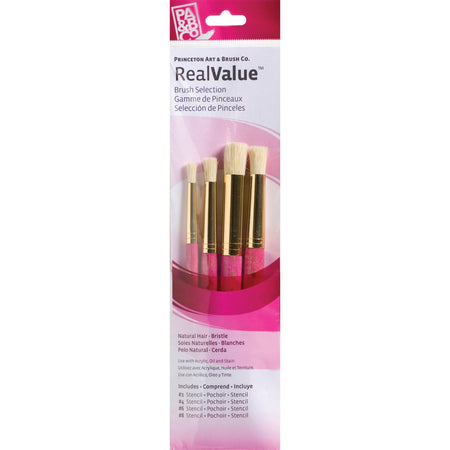 RealValue Stencil Brush Set, Natural Bristles, Short Handle Mixed Media Paintbrush, Pink, 4 Pieces