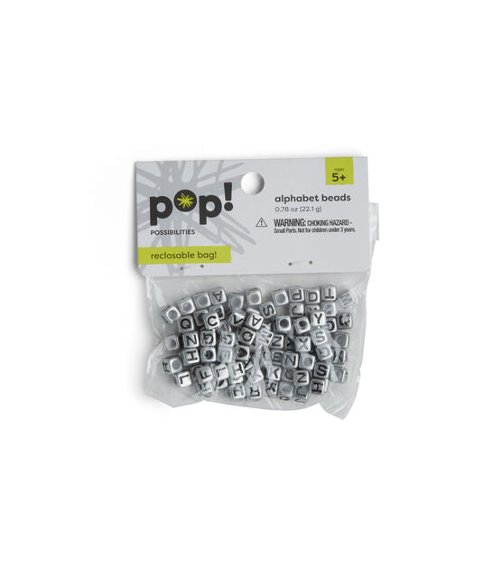 Alphabet Beads 7 mm Cube Silver with Black Letters 85 pc.