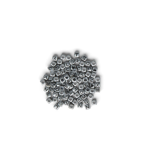 Alphabet Beads 7 mm Cube Silver with Black Letters 85 pc.