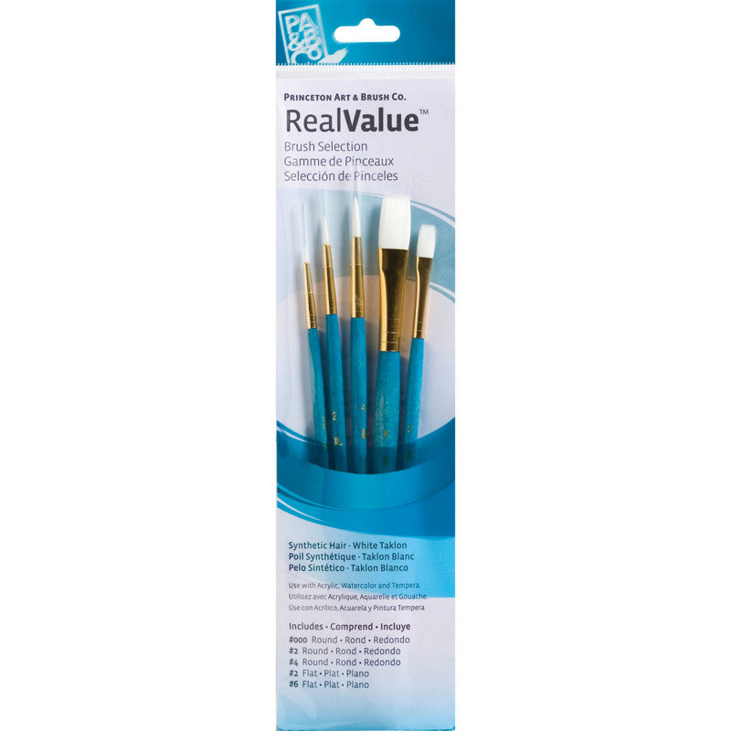RealValue Brush Set, White Taklon Bristles, Short Handle Mixed Media Paintbrush, Blue, 5 Pieces