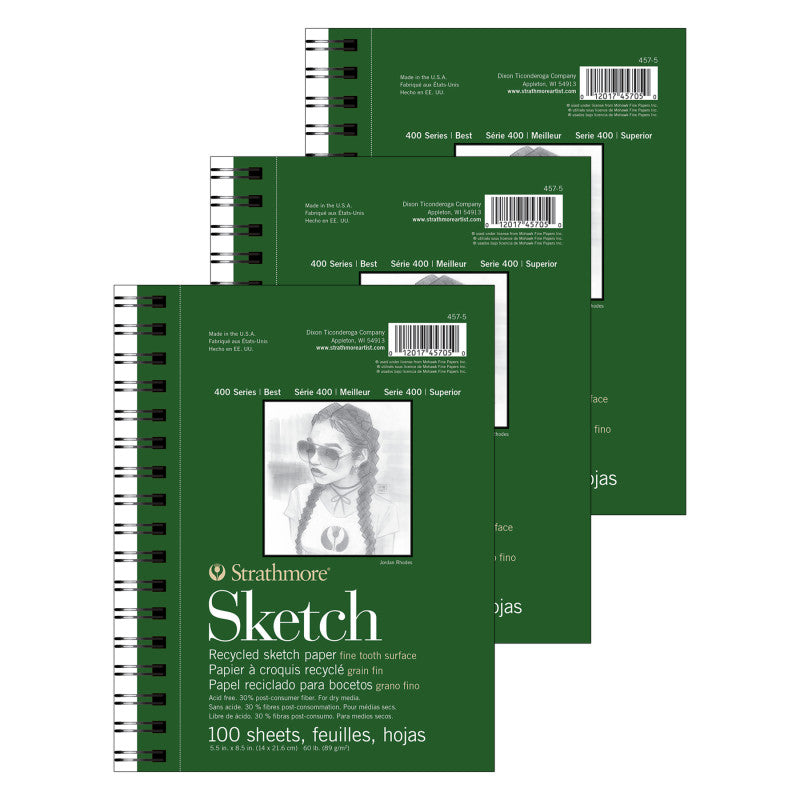 400 Series Sketch Pad, Recycled, Side Wire Binding, 100 Sheet, 5.5x8.5 inch, Pack of 3